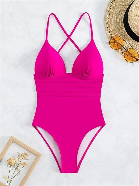 Shein Swim Bae Plain Criss Cross One Piece Swimsuit Shein Usa