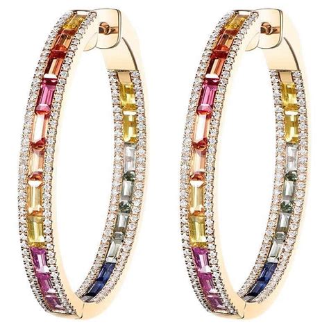 Rainbow Sapphire Diamond Hoop Earrings In 14 Karat Yellow Gold For Sale At 1stdibs