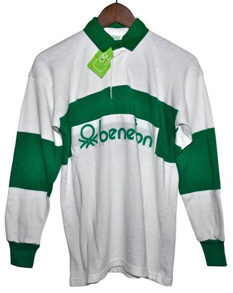 DEADSTOCK Vintage 80s BENETTON Rugby Shirt Green White Striped Long