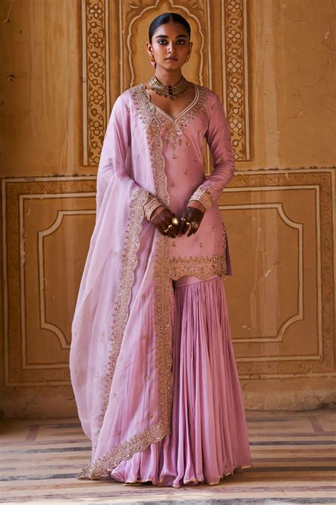 Buy Purple Chanderi Embroidery Zardozi Leaf Neck Kurta Sharara Set For