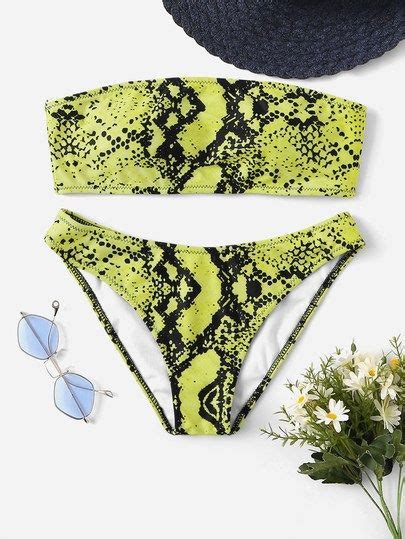 Snake Print Bandeau With Low Rise Bikini Set 패션 수영복