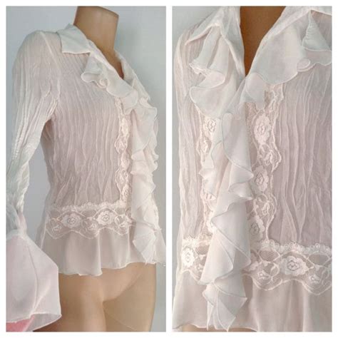 White Ruffle Blouse Lace Trim Sheer Frilly Button Down 90s Flared Long