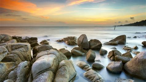 Wallpaper Pemandangan Matahari Terbenam Laut Air Batu Alam