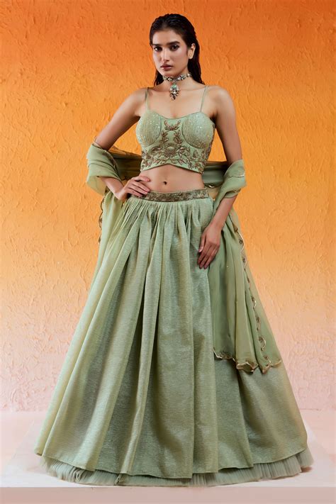 Buy Green Blouse And Lehenga Crushed Crepe Organza Hand Embroidery Cutdana With Set For Women By