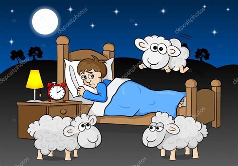 Sheep Jumping Over The Bed Of A Sleepless Man Stock Vector By