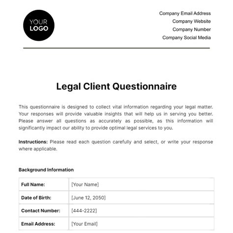 Free Legal Client Questionnaire Template Edit Online And Download