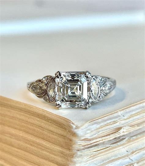 Art Deco Vintage Solid Gold Engagement Ring Ethical Asscher Cut Diamond Engagement Ring Sterling