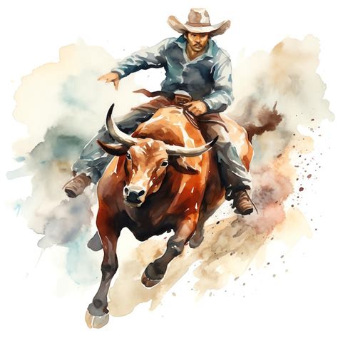 Watercolor Cowboy Riding A Bull Western Wild West Cowboy Desert