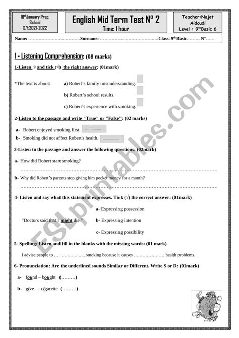 Mid Term Test02 9th Form ESL Worksheet By Najouja