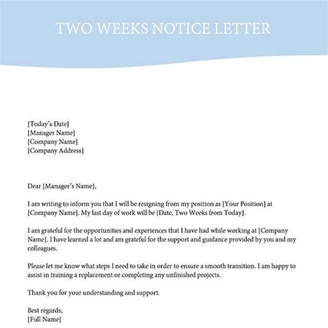 Two Week Notice Letter Template Etsy