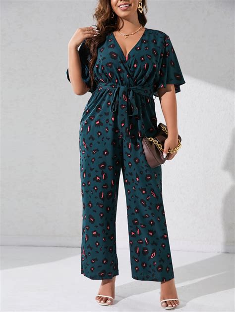 Shein Clasi Plus Allover Print Butterfly Sleeve Wrap Belted Jumpsuit