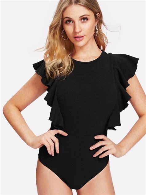 Ruffle Cap Sleeve Textured Bodysuit Bodysuit Fashion Skinny Bodysuit Leotard Fashion