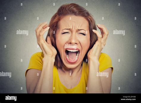 Portrait Angry Woman Screaming Wide Open Mouth Hysterical Isolated Grey Background Negative