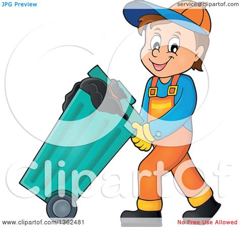 Clipart Of A Cartoon Caucasian Garbage Man Pushing A Rolling Trash Bin