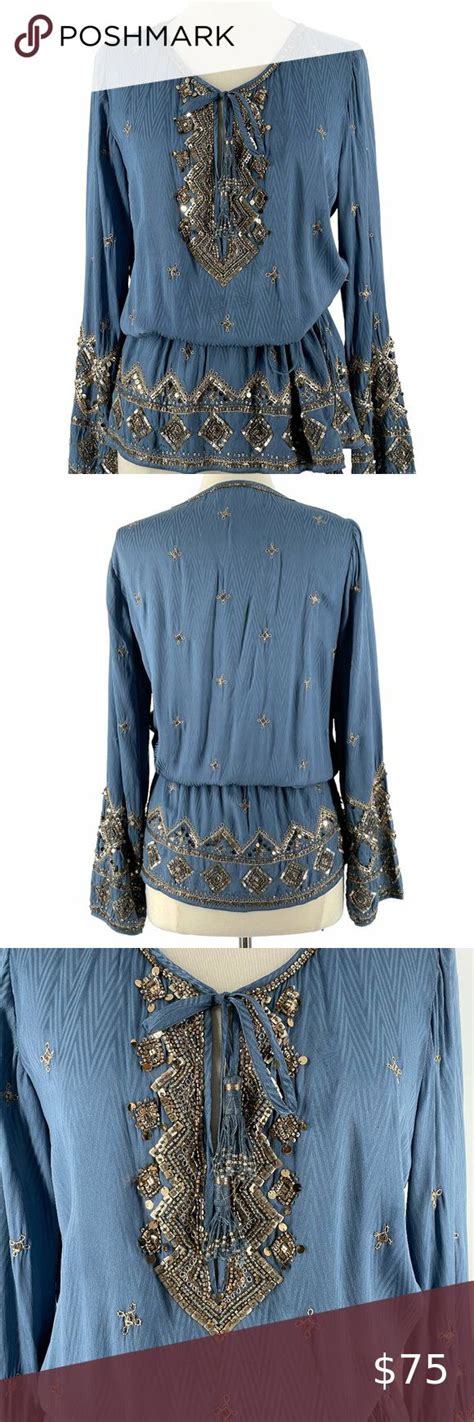 Calypso St Barth Beaded Embroidered Slate Blue Silk Charmeuse