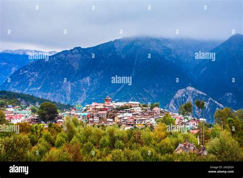 Kalpa and Kinnaur Kailash mountain aerial panoramic view. Kalpa is a ...