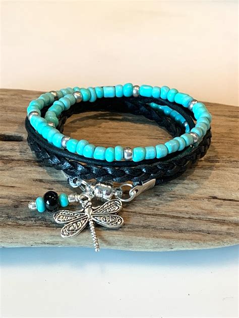 Wrap Bracelet Beaded Boho Wrap Leather Braided Beaded Wrap Aqua Blue Black Silver 2x Wrap