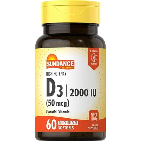 Sundance High Potency Vitamin D3 2000 Iu 50 Mcg 60 Quick Release Softgels Non Gmo And