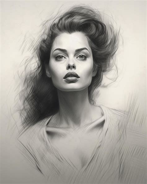 Un Dibujo En Blanco Y Negro De Una Mujer Con Labios Rojos Foto Premium