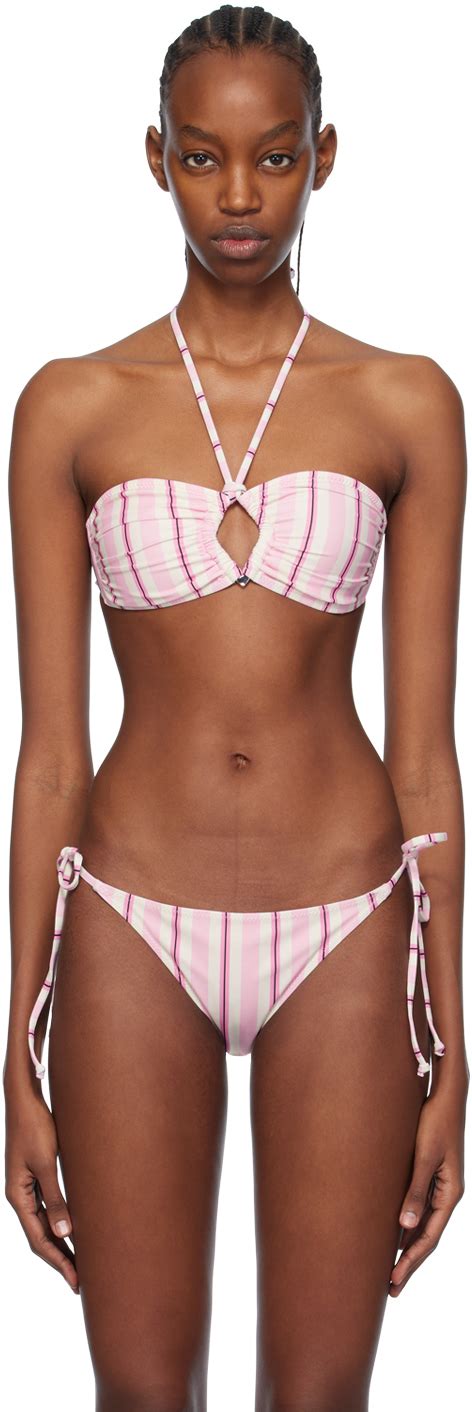 White Pink Striped Bikini Top By Ganni On Sale