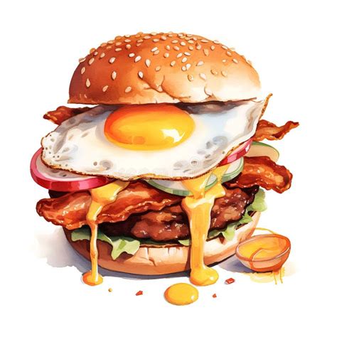 Burger With Fried Egg And Bacon Hand Drawn Watercolor Illustration