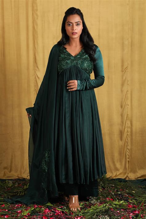 Buy The Aarya Green Mashru Silk Floral Embroidered Bodice Anarkali Set