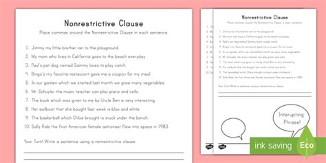 Nonrestrictive Clause Worksheet Worksheet Twinkl