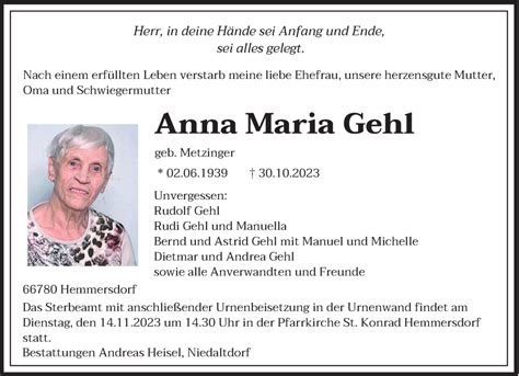 Traueranzeigen Von Anna Maria Gehl Saarbruecker Zeitung Trauer De