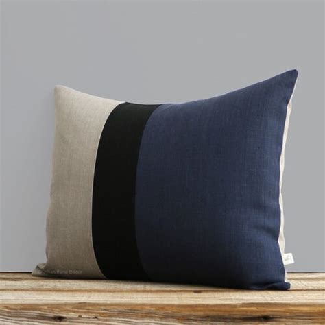 Navy Blue Black And Natural Linen Colorblock Pillow Cover Etsy