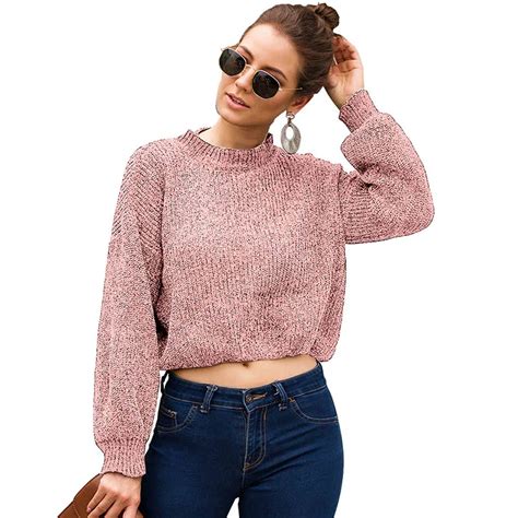 Echoine Casual Loose O Neck Long Sleeve Short Sweaters Women Autumn