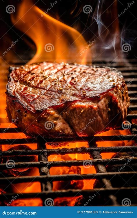 Beef Steak Cooking Over Flaming Grill Gourmet Food Delicious Food