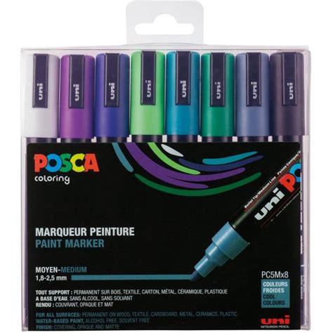 Set de 8 POSCA pointe calibrée moyenne PC5M Couleurs froides