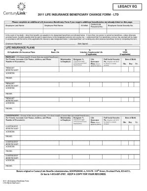 Fillable Online 2011 Designation Of Beneficiary For Life Insurance