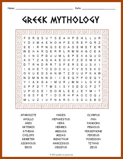 Greek Mythology Word Search