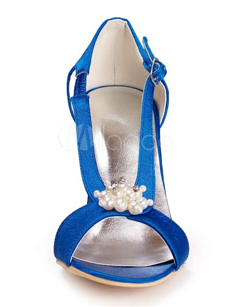 Royal Blue Wedding Shoes High Heel Satin Open Toe Pearls Wedding Guest