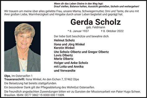 Traueranzeigen Von Gerda Scholz Trauer In NRW De