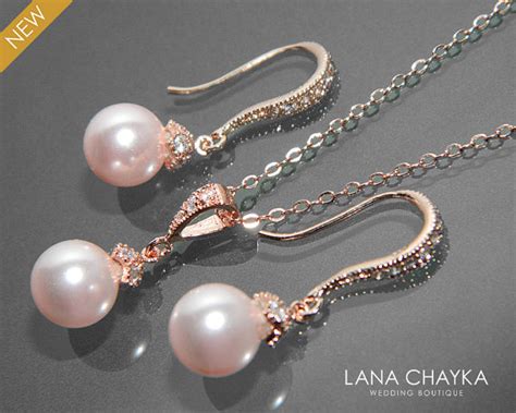 Rose Gold Pink Pearl Jewelry Set Bridal Pearl Necklaceandearring Small