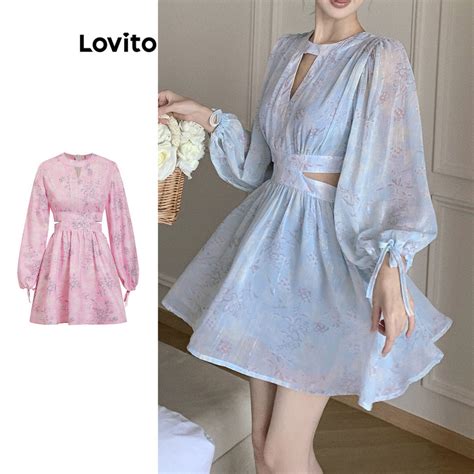 Lovito Elegante Vestido Feminino Floral Manga Bispo Recorte E