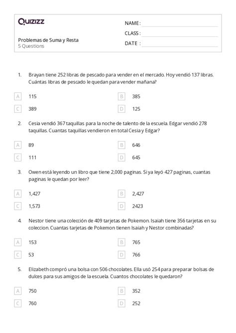 Problemas De Resta Hojas De Trabajo Para Grado En Quizizz