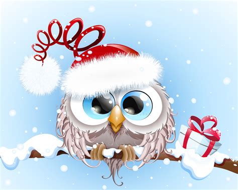 Cute Fluffy Funny Cartoon Owl In Santa Hat Sitting On Tree Branch Under