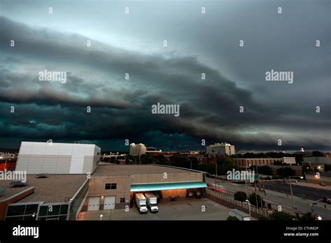 Highly detailed shelf cloud thunderstorm, showing marked green color ...