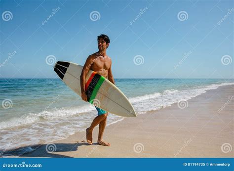 Man With Surf Board On Beach Stock Image Image Of Summer Surf 81194735