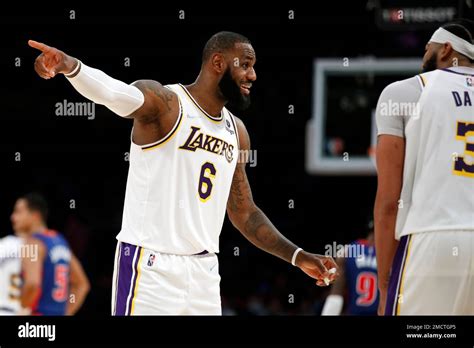 Los Angeles Lakers Forwards Lebron James Left Gestures With Anthony