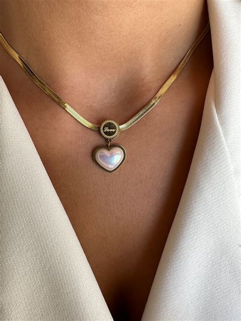 Vintage Heart Necklace Mother Of Pearl Heart Necklace Small Gold