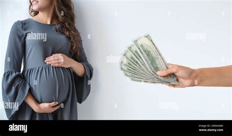 Surrogacy Intended Mother With Money And Pregnant Woman On Light Background Banner Design