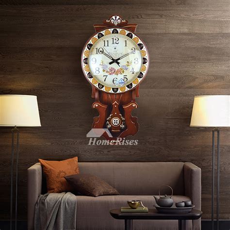 Oversized Wall Clock Pendulum Decorative Modern Wooden Silent Floral