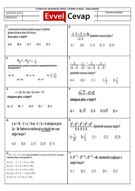 9 Sınıf Matematik 1 Dönem 2 Yazılı Soruları