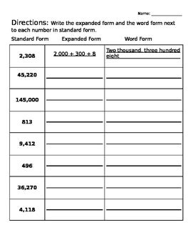 Standard Form Expanded Form Word Form Worksheets