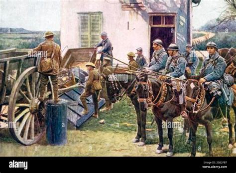 ANGLO-FRENCH OUTPOST in WW1. French cavalry wait behind a farm cart ...