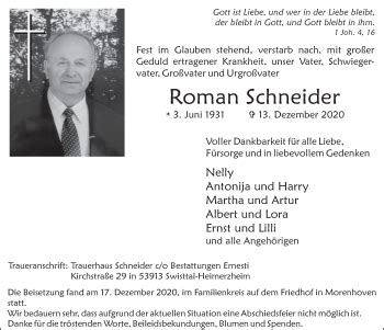 Traueranzeigen Von Roman Schneider WirTrauern